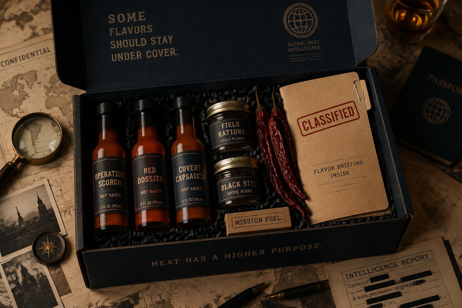Opened subscription box with hot sauces, spice jars and a classified briefing